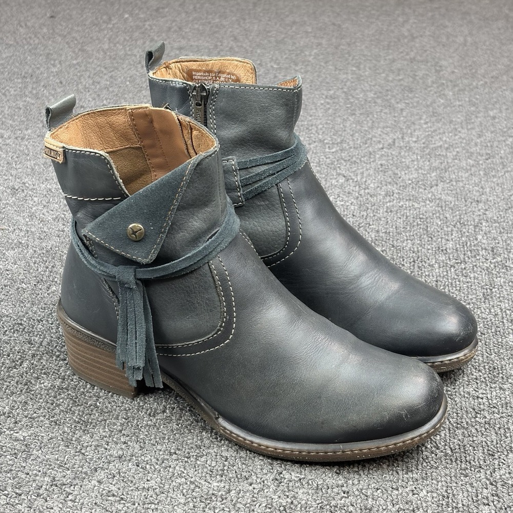 Pikolinos Zaragoza Leather Ankle Boots Womens 37 US 6.5 Booties Blue Grey Fringe